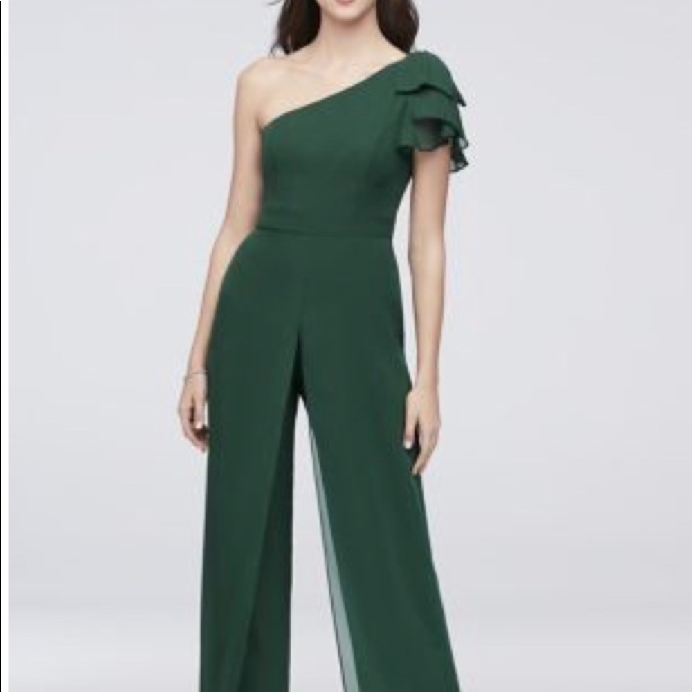 David’s bridal dark green one shoulder jumpsuit